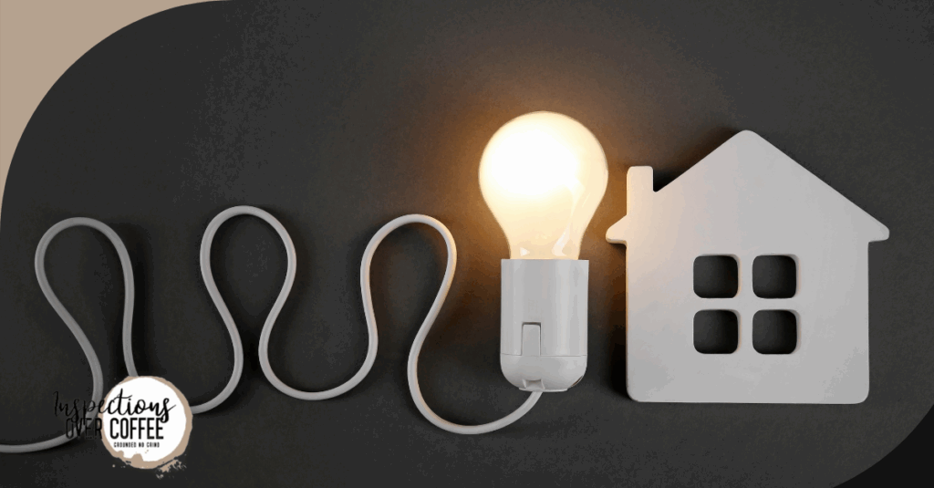 Glowing light bulb connected to a house symbol, representing home electricity and inspections.